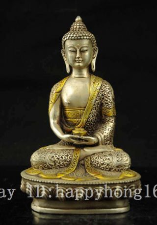 Old Tibet Buddhism Silver Gilt Sakyamuni Shakyamuni Amitabha Buddha Statue E02