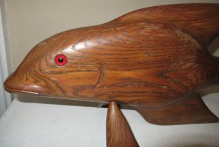 Vintage MID - CENTURY Golden OAK Wood Carved FISH Nautical Beach FISHING Statue 2