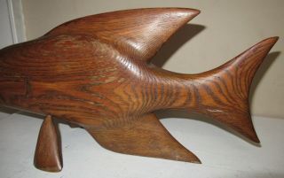 Vintage MID - CENTURY Golden OAK Wood Carved FISH Nautical Beach FISHING Statue 3