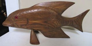 Vintage MID - CENTURY Golden OAK Wood Carved FISH Nautical Beach FISHING Statue 4