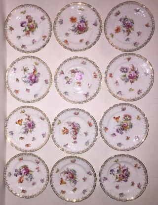 Set Of 12 Antique Silesian Hand Painted Bread Plates All Differ
