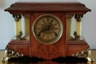 Seth Thomas Adamantine 4 Pillar Wooden Mantel Clock Ca.  1890