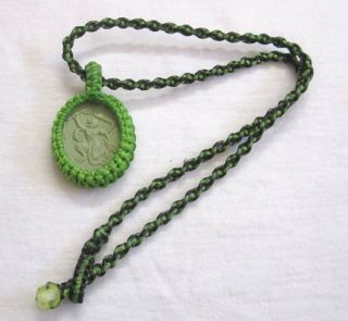 3d 2 Sides Green Hanumarn Thai Amulet Pendant Handmade Wax Cord Rope Necklace
