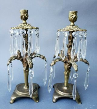 Pair Antique French Bronze Cast Candlesticks Mantle Lusters W Prisms