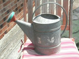 Vintage Rare 10 Galvanized Metal Watering Can With Red & Green Sprinkling Head