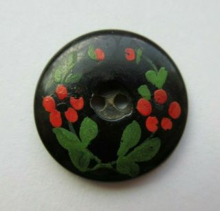 Very Pretty Antique Vtg Carved Horn Button W/ Painted Red Flowers 3/4 " (e)