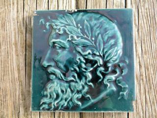 Antique Portrait Tile 6 X 6 In Teal Blue Green Man With Crown Of Holly