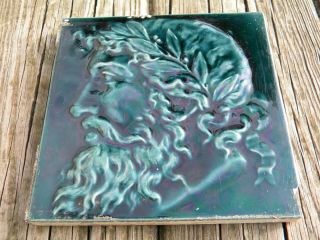 Antique Portrait Tile 6 x 6 in Teal Blue Green Man with Crown of holly 2