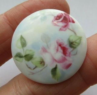 Antique Vtg Porcelain Stud Button W/ Painted Pink Roses 1 - 1/8 " (e)