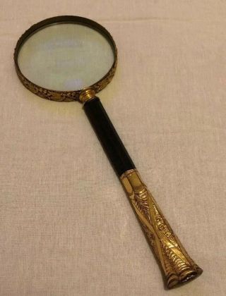 Antique Nouveau Gilt Brass Large Magnifying Glass Loop Wood Handle