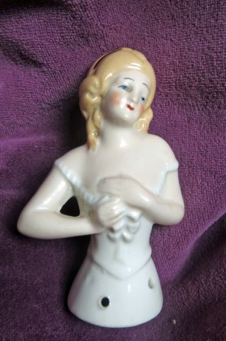Antique Porcelain Pretty Blonde Blue - Eyed Half Doll - For Pincushion