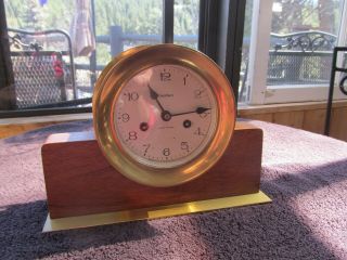 Antique Waterbury Brass Ships Clock With Stand Jeweled Movemant