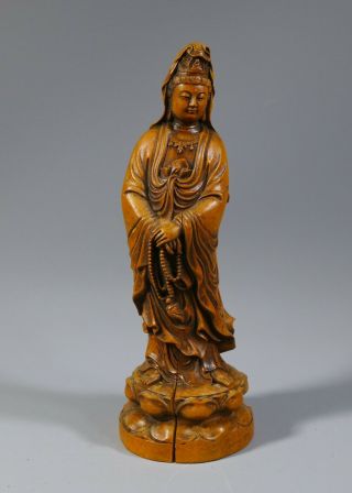 Fine Vintage Chinese Carved Wooden Boxwood? Figure Guanyin Buddha