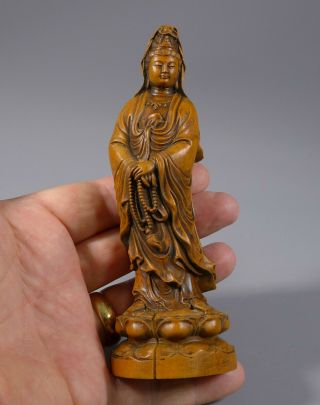 FINE VINTAGE CHINESE CARVED WOODEN BOXWOOD? FIGURE GUANYIN BUDDHA 6