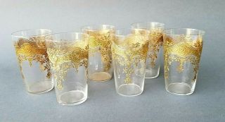 Six Antique French Gold Encrusted Etched Hand Blown Juice Glasses 19th C.