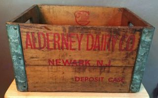 Vintage Alderney Dairy Newark Nj Metal Corners Wooden Milk Crate 1954 Dated