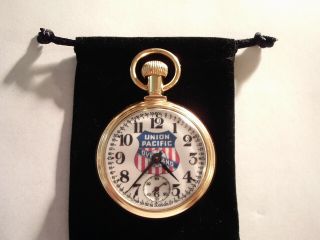 Vintage 16s Pocket Watch Union Pacific Theme Dial & Train Case Runs Well.