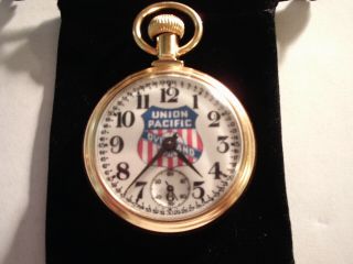 Vintage 16S Pocket Watch Union Pacific Theme Dial & Train Case Runs Well. 2