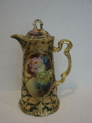 Antique Gold Gilt And Handpainted Floral Porcelain Chocolate Pot
