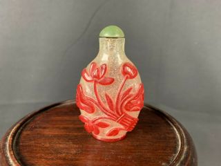 19th/20th C.  Chinese Overlay Red Lotus Glass Snuff Bottle