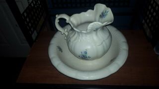 Vintage Large Porcelain Pitcher And Wash Basin Bowl Set,  Ivory Floral Design