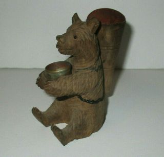 Antique Black Forest Carved Wood Bear Pin Cushion W Sewing Thimble Holder Vtg