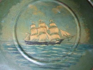 Antique Sailing Ship Oil Painting On Hand Made Folk Art Tin Wall Sconce (a5)