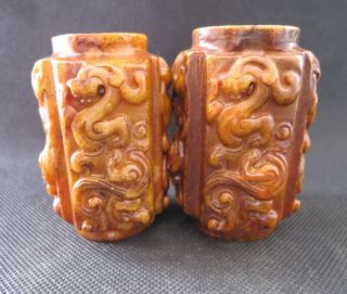 A Pair Chinese Hongshan Culture Old Jade Hand - Carved Dragon Cong&zong Y203