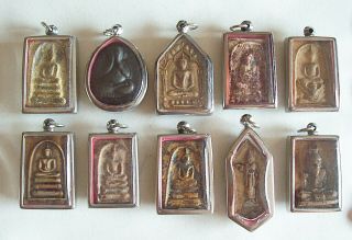 Set Of 10 Thai Buddhist Buddha Buddhism Clay Amulet Medallions Charms Pendants