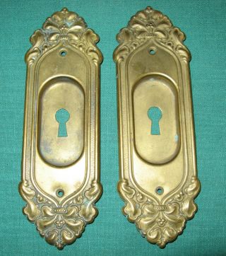 Pair Antique Brass Victorian Art Noveau Pocket Door Pull Handle Keyhole