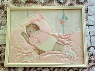 Vintage Folk Art Baby Picture Pink Satin Blanket Crochet Booties Lace Pillow