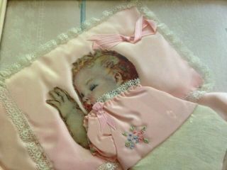 VINTAGE FOLK ART BABY PICTURE Pink Satin Blanket CROCHET BOOTIES Lace Pillow 2