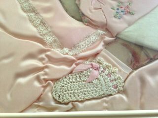 VINTAGE FOLK ART BABY PICTURE Pink Satin Blanket CROCHET BOOTIES Lace Pillow 3