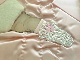 VINTAGE FOLK ART BABY PICTURE Pink Satin Blanket CROCHET BOOTIES Lace Pillow 4