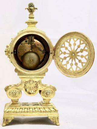 Antique Mantle Clock French 1880 ' s Pierced 8 day Gilt Rococo Bronze 10