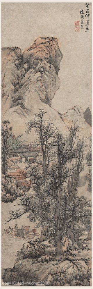 Chinese Old Scroll Painting Mountain Landscape Recluses In The Autumn Mountain