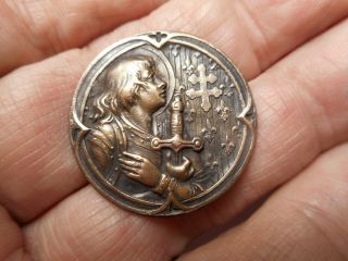 Joan Of Arc W/ Sword Fleur De Lis Cross Religious French Brass Button 1 - 1/8 "