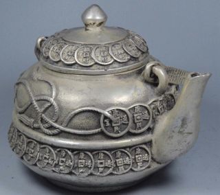 Collectable Old Miao Silver Carve Fortune C0ins Toad Lid Special Ancient Tea Pot 3