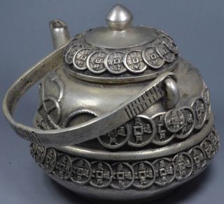 Collectable Old Miao Silver Carve Fortune C0ins Toad Lid Special Ancient Tea Pot 5