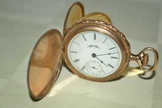 1890s Antique Elgin Scalloped 6s Gold Filled Keystone Hunter Pocket Watch Runs