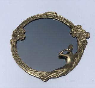Rare Wall Nouveau Semi - Nude Lady - Flowers Round Solid Brass Frame Mirror