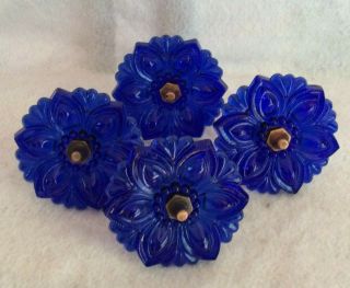 Vintage Set Of 4 Cobalt Blue Glass Curtain Flower Tie Backs Hold Backs - Exc