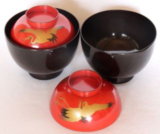 Japanese Vintage Lacquer Ware 2 Wood Bowl Lidded Red Black Gold Crane