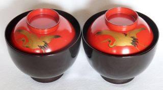 Japanese Vintage Lacquer Ware 2 Wood Bowl Lidded Red Black Gold Crane 2