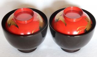 Japanese Vintage Lacquer Ware 2 Wood Bowl Lidded Red Black Gold Crane 3