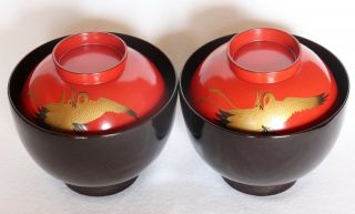 Japanese Vintage Lacquer Ware 2 Wood Bowl Lidded Red Black Gold Crane 4