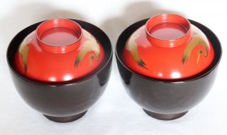 Japanese Vintage Lacquer Ware 2 Wood Bowl Lidded Red Black Gold Crane 5