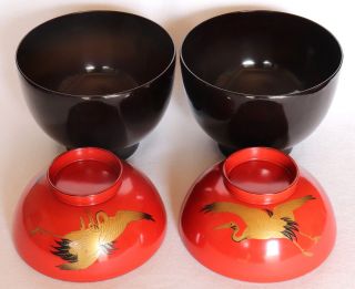 Japanese Vintage Lacquer Ware 2 Wood Bowl Lidded Red Black Gold Crane 6