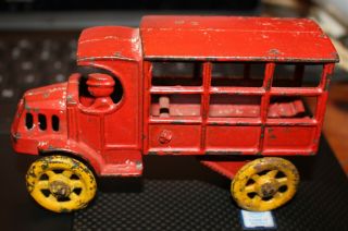 Vintage Pre - War Cast Iron Covered Cage Red Mack Truck With Driver Unknown Maker
