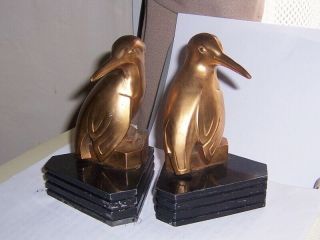Antique Art Deco Gold And Black Kingfisher Bird Statue Sculpture Bookends